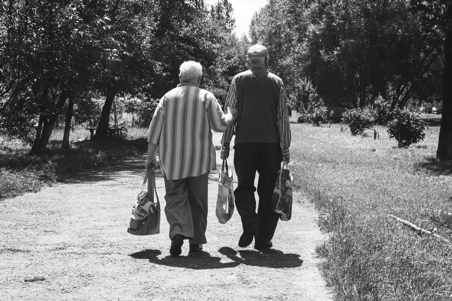 Couple walking arm in arm through a park